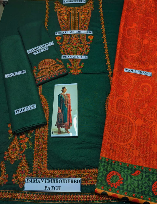 Embraided Dhanak 3 Piece Suit With Wool Shawl And Patch