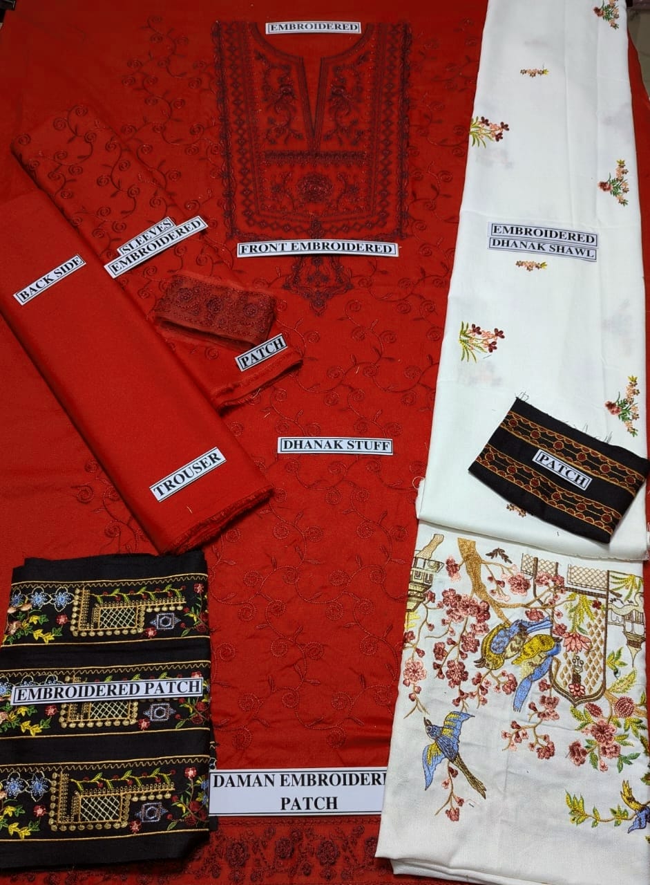 Embraided Dhanak 3 Piece Suit With Shawl And Dupata