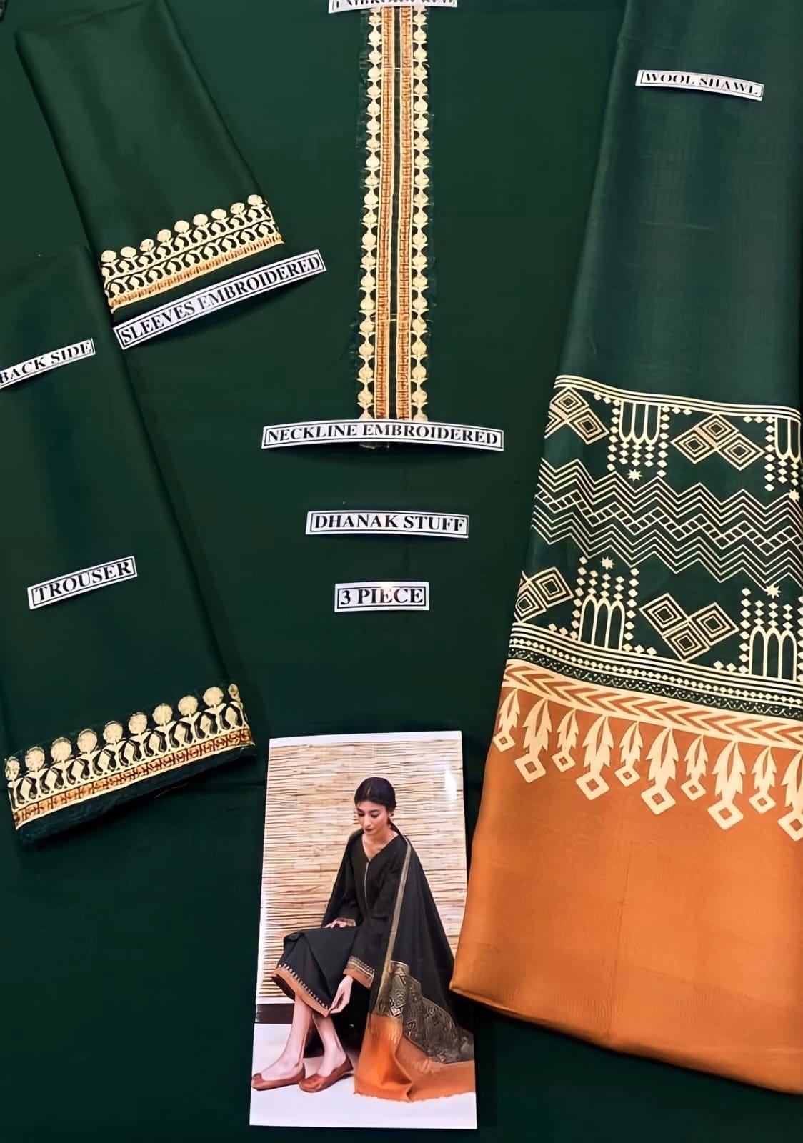 Dyed Dhanak 3 Piece Suit With Wool Shawl And Patch