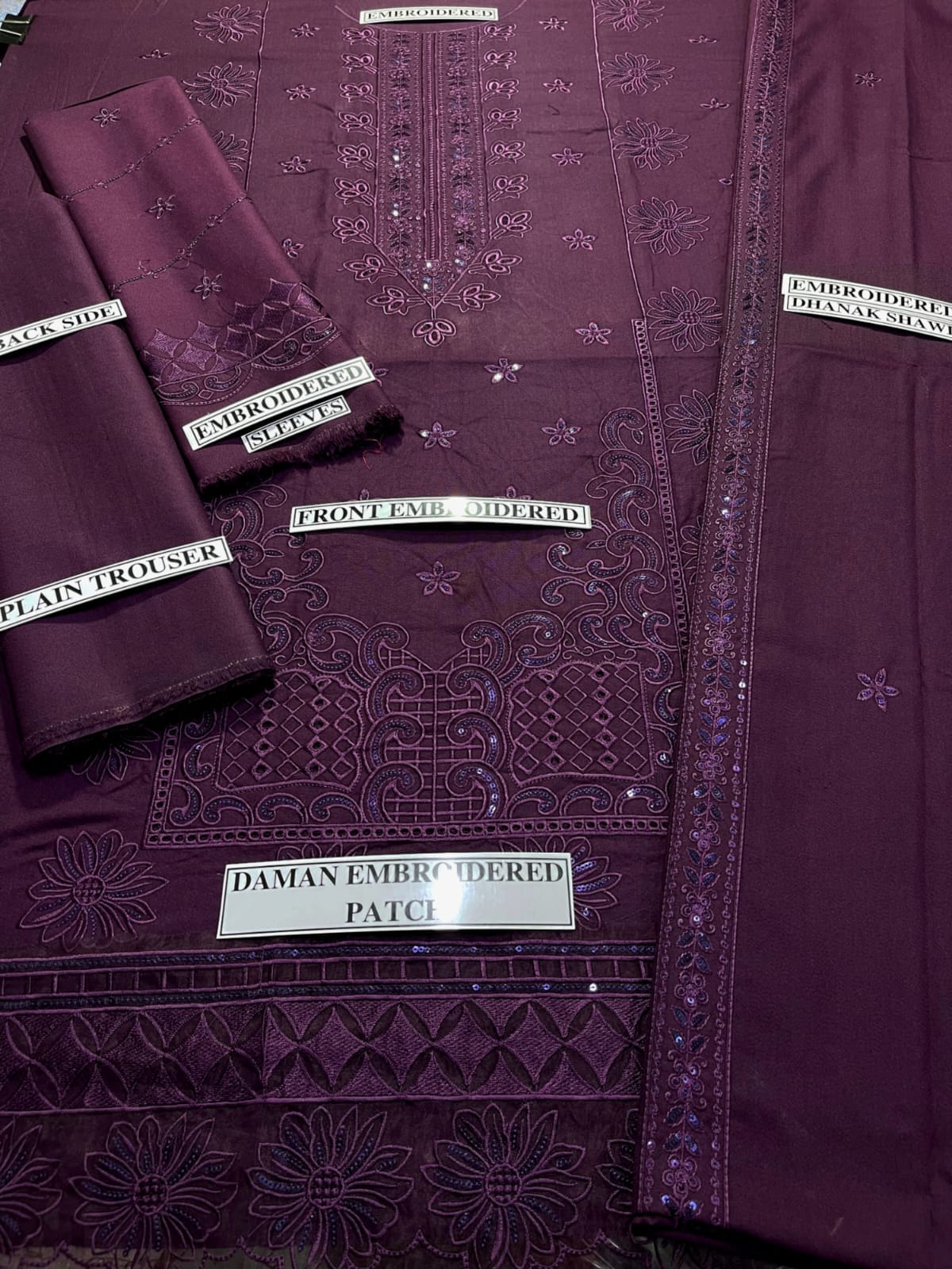 Embraided Dhanak 3 Piece Suit With Dhanak Shawl And Patch