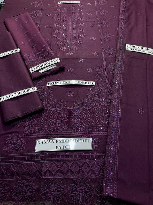 Embraided Dhanak 3 Piece Suit With Dhanak Shawl And Patch