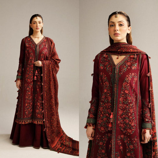 Embraided Dhanak 3 Piece Suit With Wool Shawl