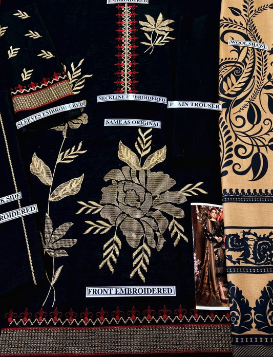 Embraided Dhanak 3 Piece Suit With Dhanak Shawl And Patch