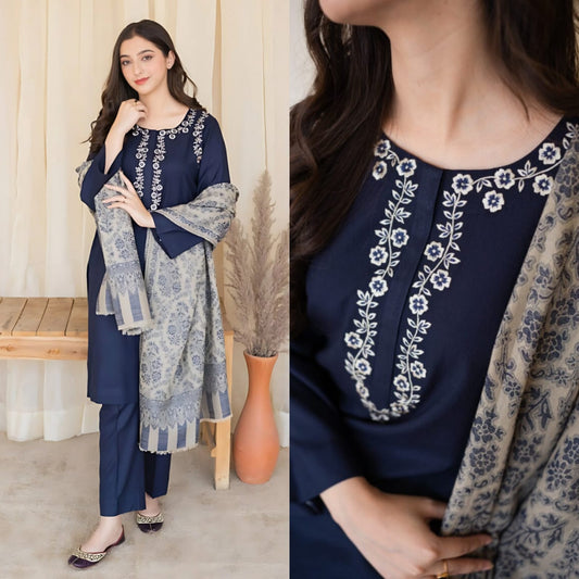 Dyed Dhanak 3 Piece Suit With Wool Shawl And Patch