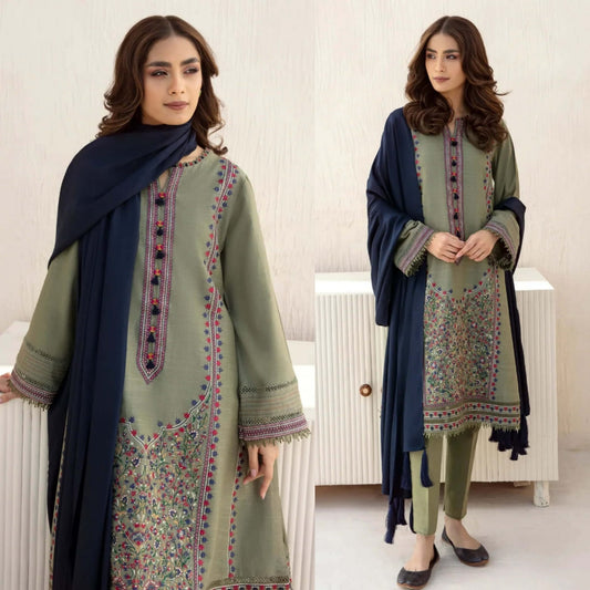 Embraided Dhanak 3 Piece Suit With Dhanak Shawl And Patches