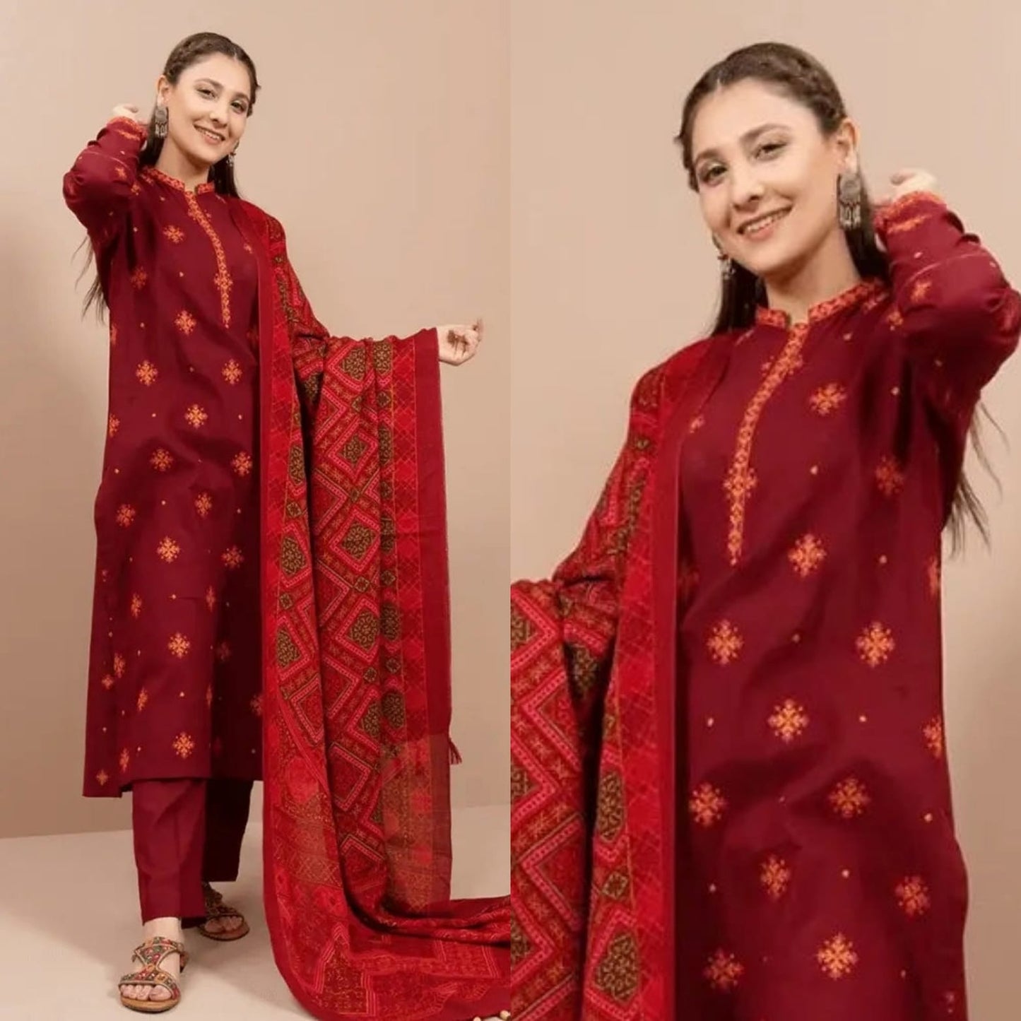 Embraided Dhanak 3 Piece Suit With Wool Shawl