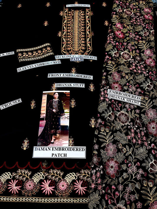 Embraided Dhanak 3 Piece Suit With Dhanak Shawl And Patches