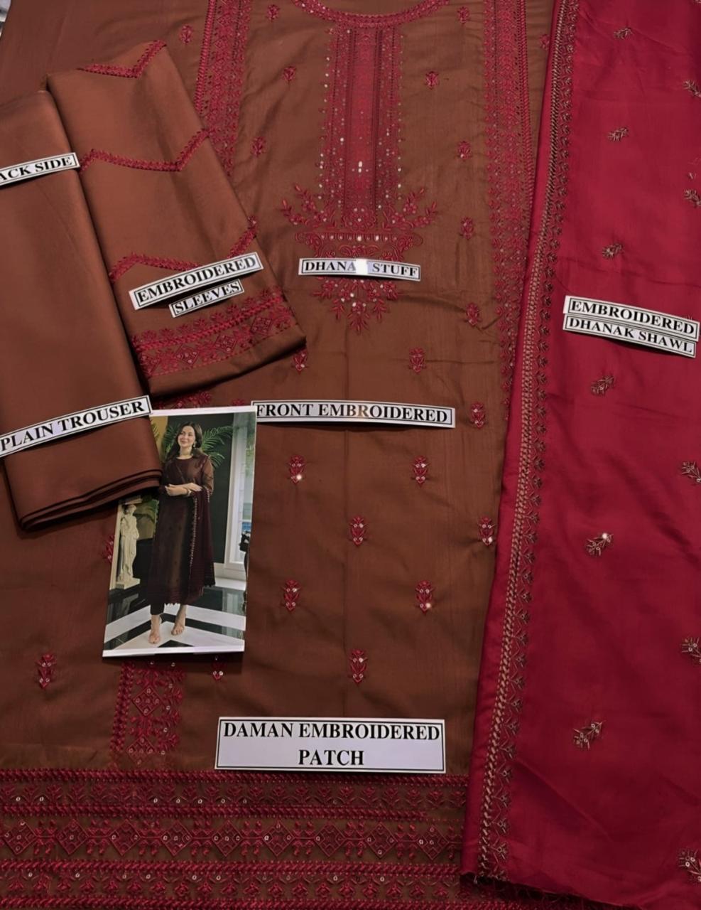 Embraided Dhanak 3 Piece Suit With Dhanak Shawl And Patches