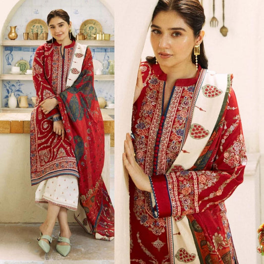 Embraided Dhanak 3 Piece Suit With Wool Shawl