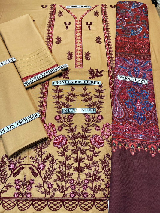 Embraided Dhanak 3 Piece Suit With Wool Shawl