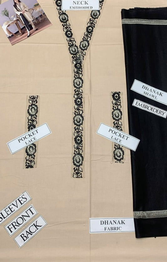 Dyed Dhanak 3 Piece Suit With Dhanak Embroidered Shawl And Patch