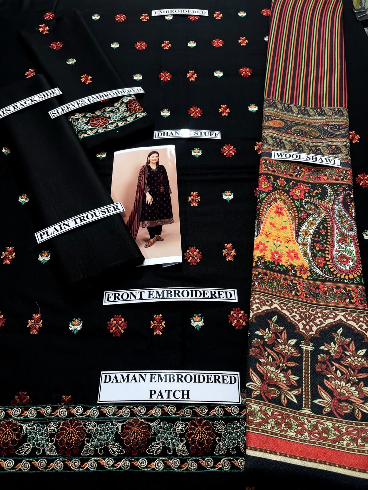 Embroidered Dhanak 3 Piece Suit With Wool Shawl