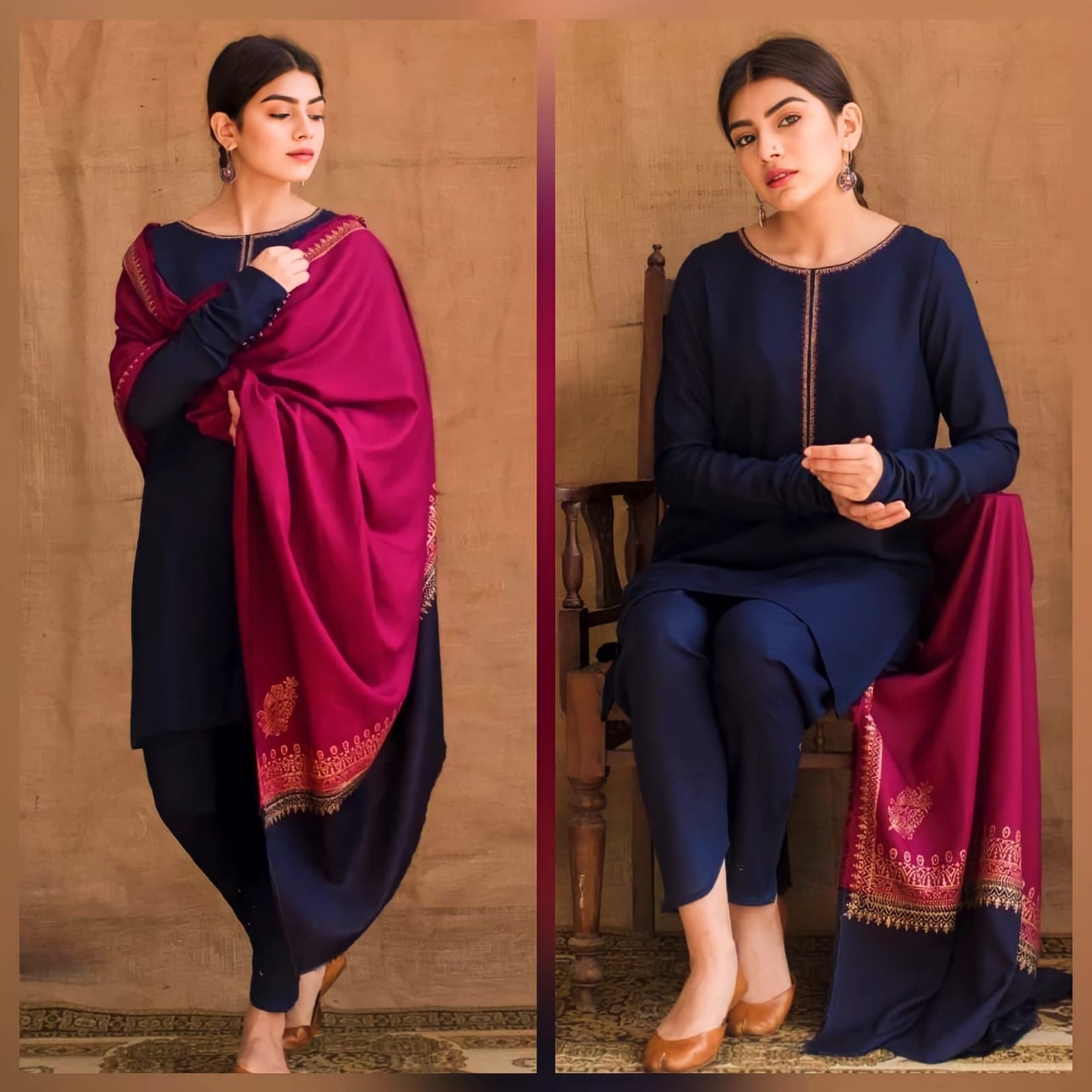 Dyed Dhanak 3 Piece Suit With Wool Shawl And Patch