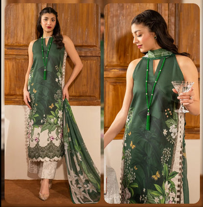 Digital Printed Lawn 3 Piece Suit With Embraided Patches