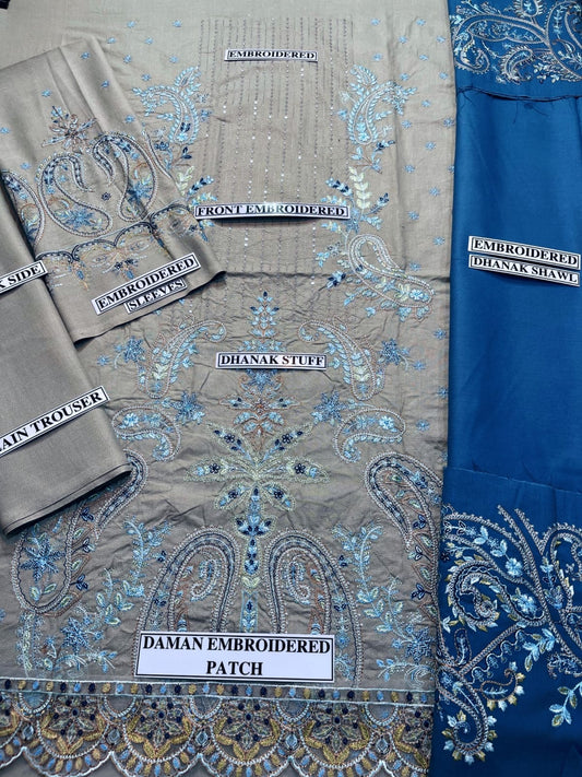 Embroidered Dhanak 3 Piece Suit With Patch