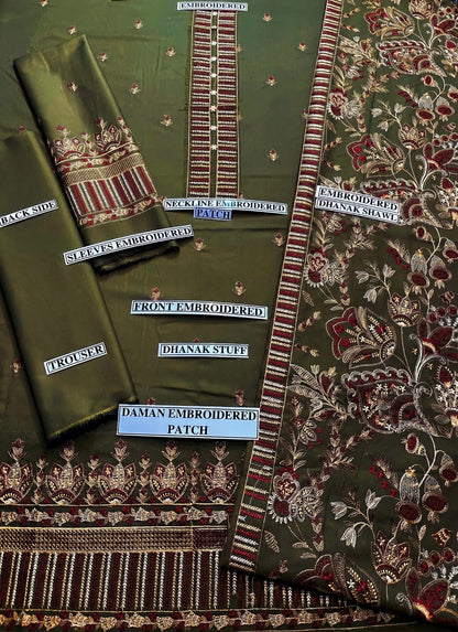 Embroidered Dhanak 3 Piece Suit With Patch And Shawl