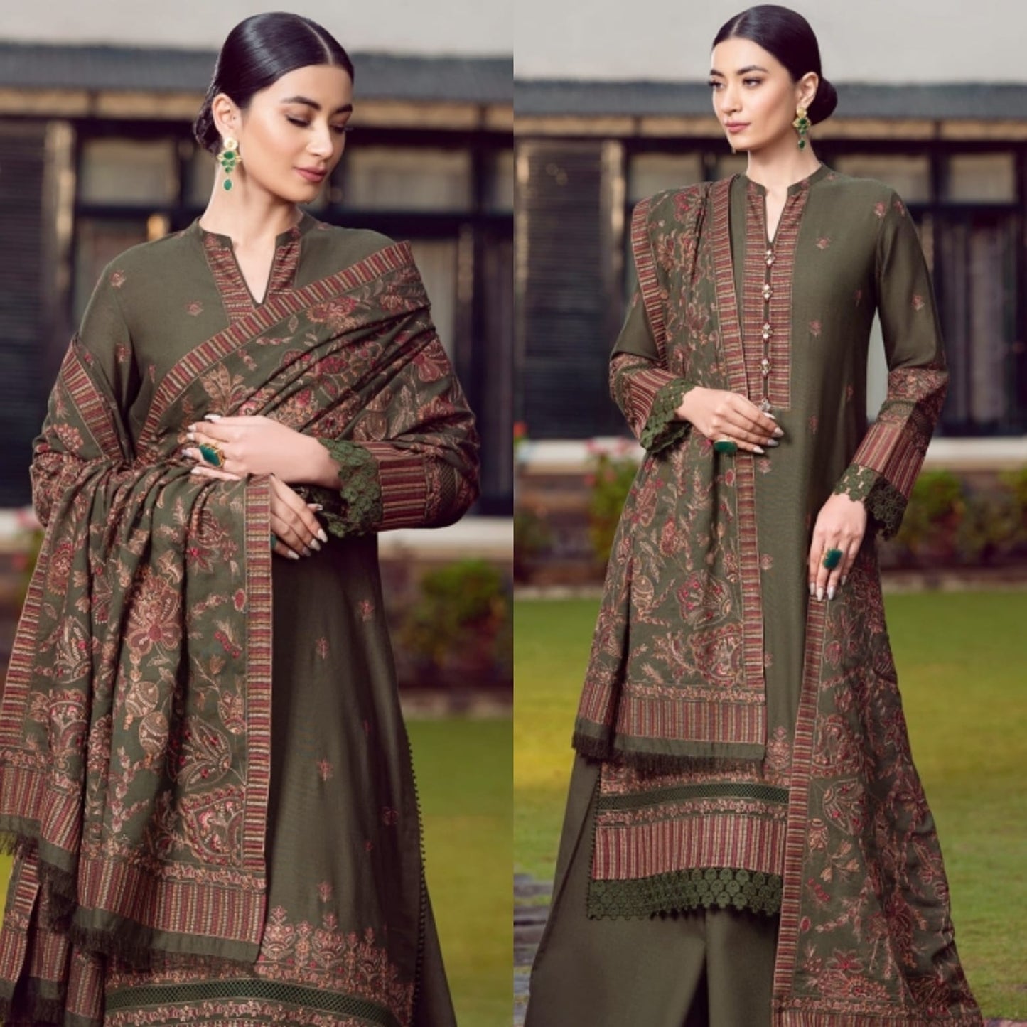 Embroidered Dhanak 3 Piece Suit With Patch And Shawl