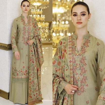 Embroidered Dhanak 3 Piece Suit With Patch And Shawl