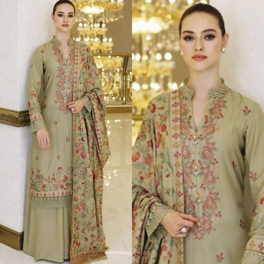Embroidered Dhanak 3 Piece Suit With Patch And Shawl