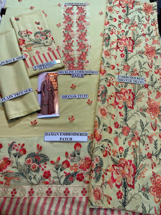 Embroidered Dhanak 3 Piece Suit With Patch And Shawl