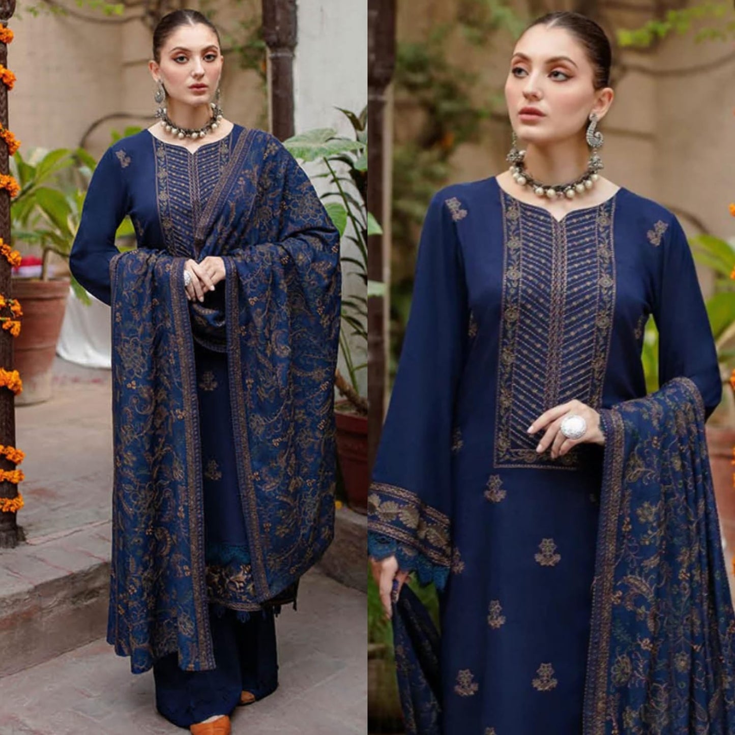 Embroidered Dhanak 3 Piece Suit With Patch And Shawl