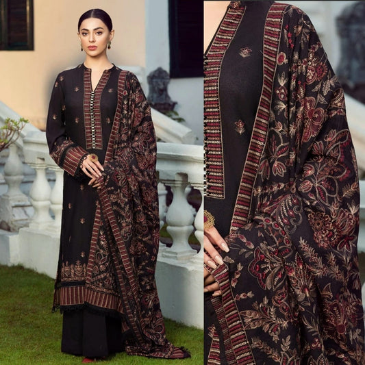 Embroidered Dhanak 3 Piece Suit With Patch And Shawl
