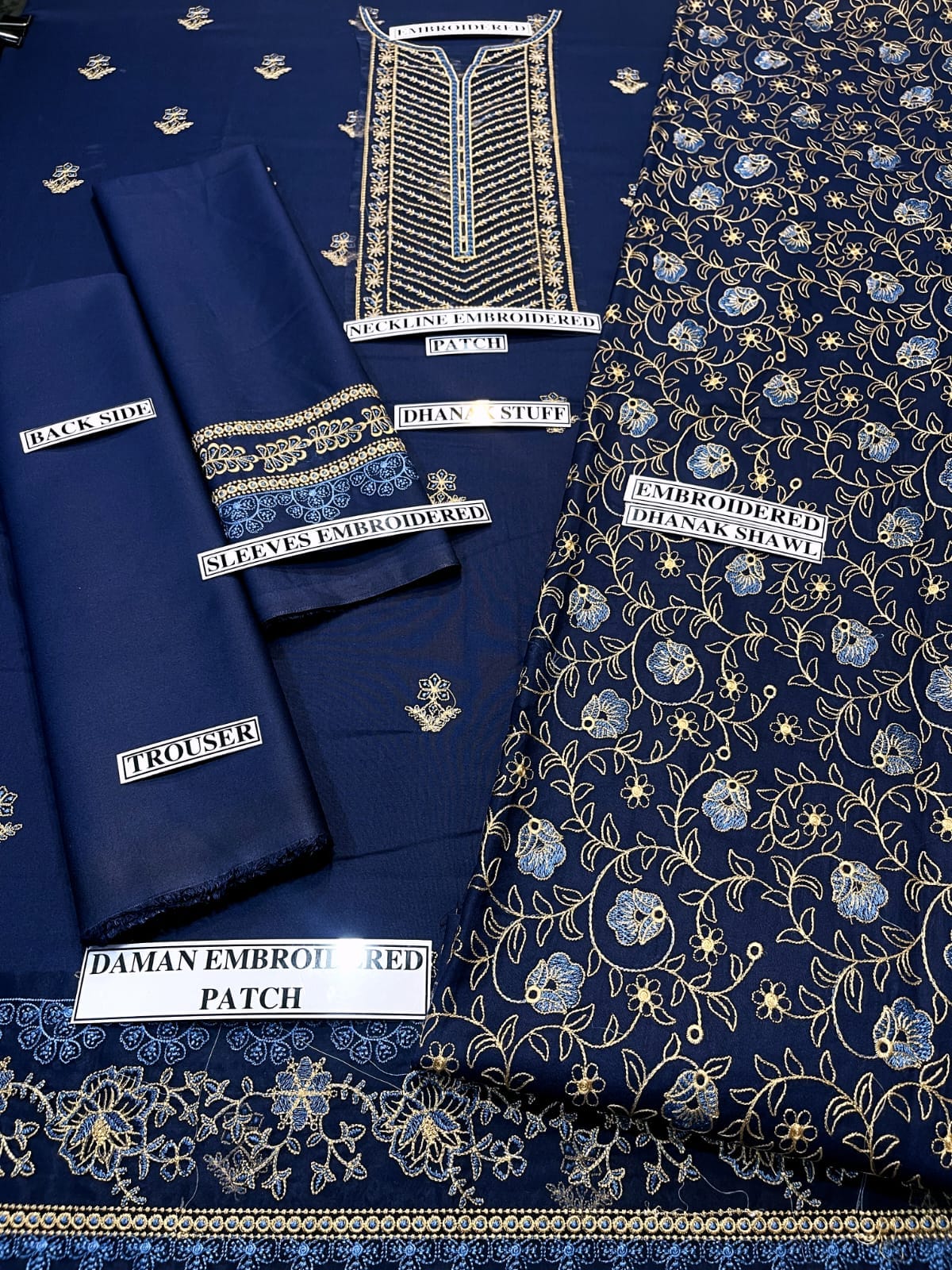 Embroidered Dhanak 3 Piece Suit With Patch And Shawl