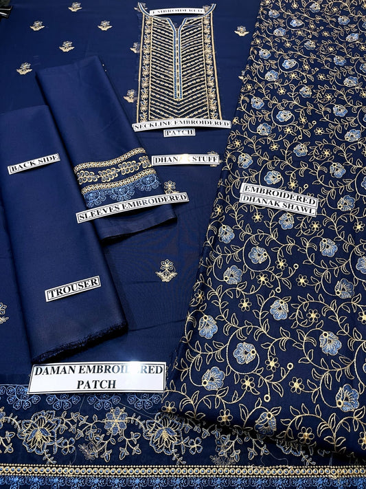 Embroidered Dhanak 3 Piece Suit With Patch And Shawl