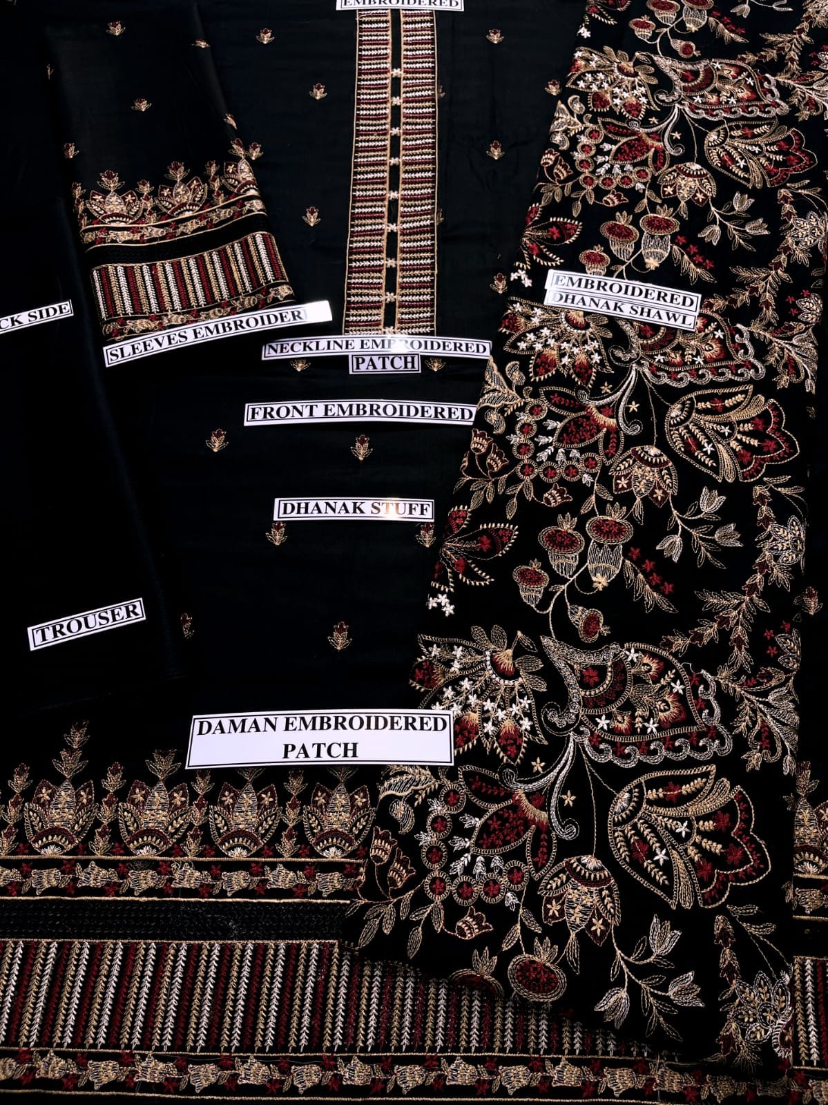 Embroidered Dhanak 3 Piece Suit With Patch And Shawl
