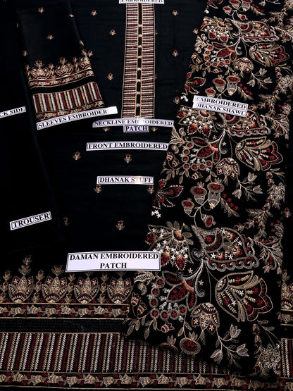 Embroidered Dhanak 3 Piece Suit With Patch And Shawl