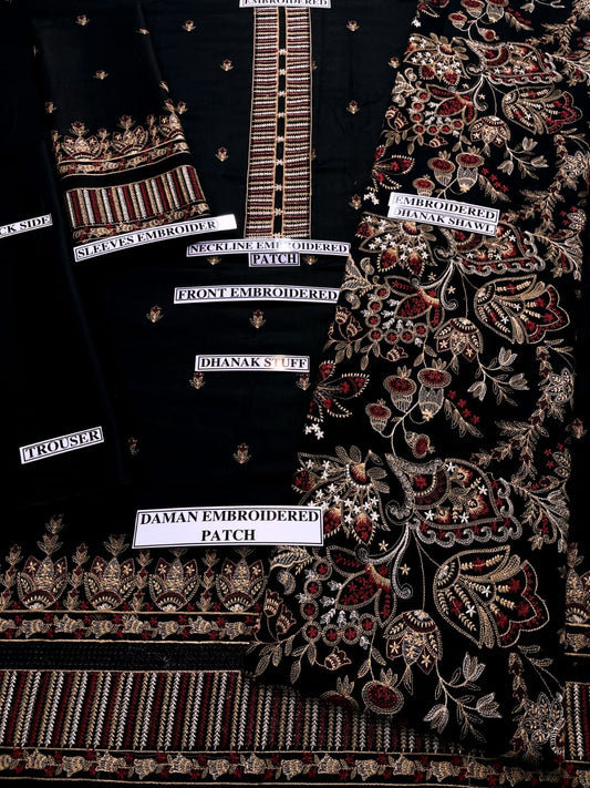 Embroidered Dhanak 3 Piece Suit With Patch And Shawl