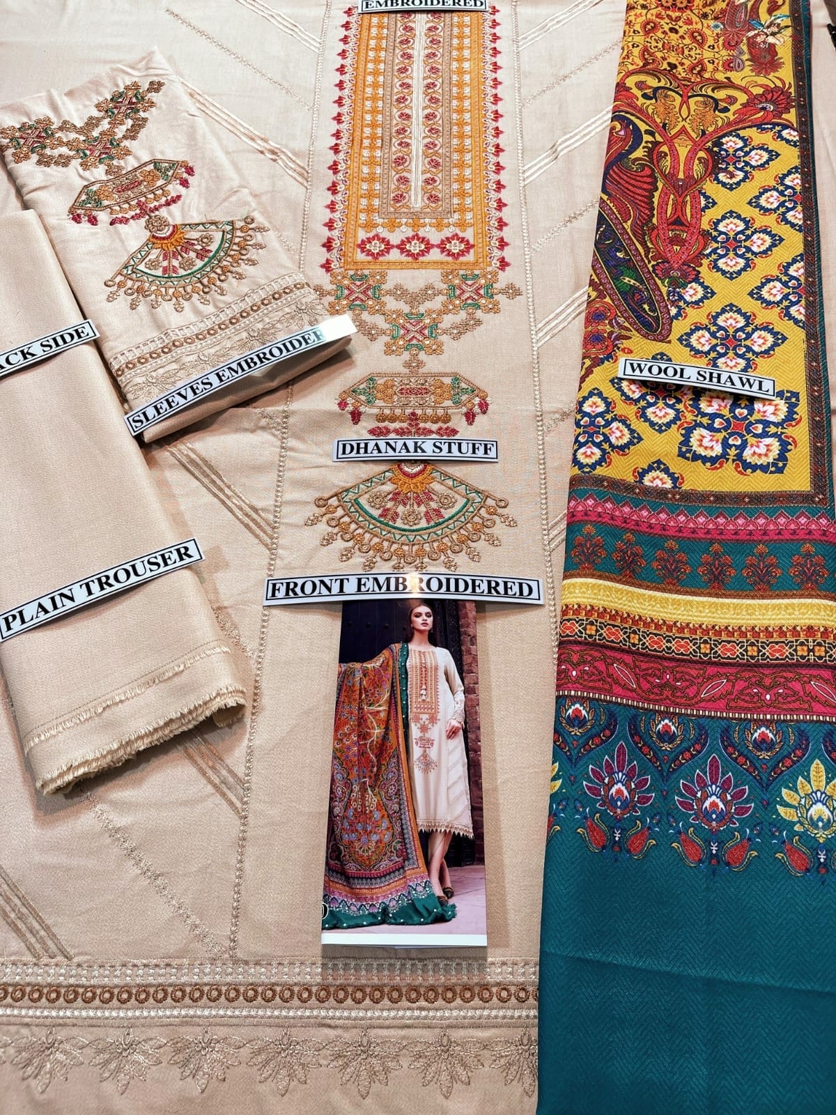 Embroidered Dhanak 3 Piece Suit With Wool Shawl