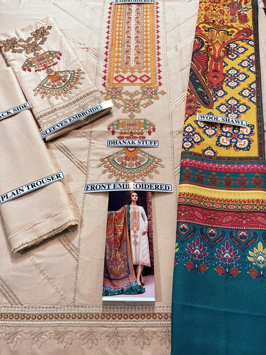 Embroidered Dhanak 3 Piece Suit With Wool Shawl