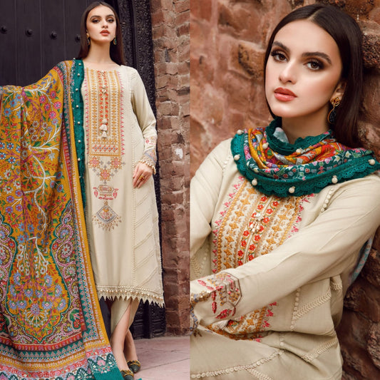 Embroidered Dhanak 3 Piece Suit With Wool Shawl