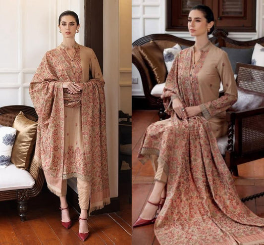 Embroidered Dhanak 3 Piece Suit With Shawl