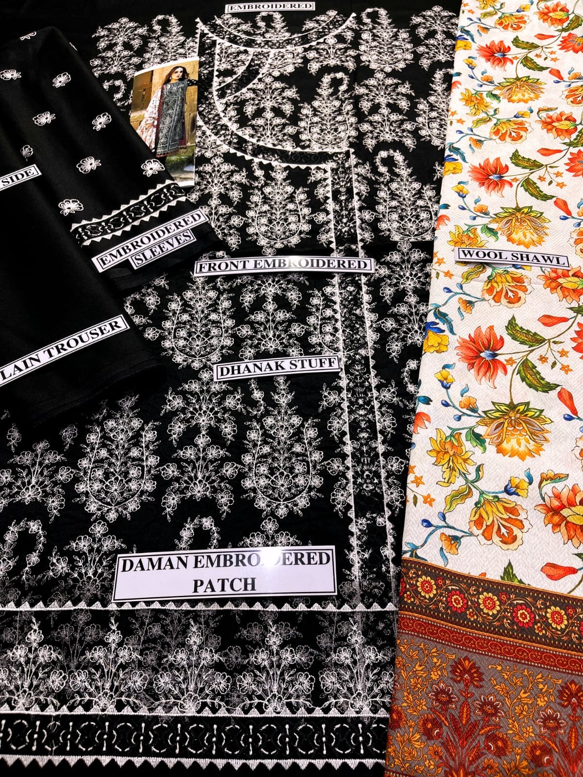 Embroidered Dhanak 3 Piece Suit With Shawl