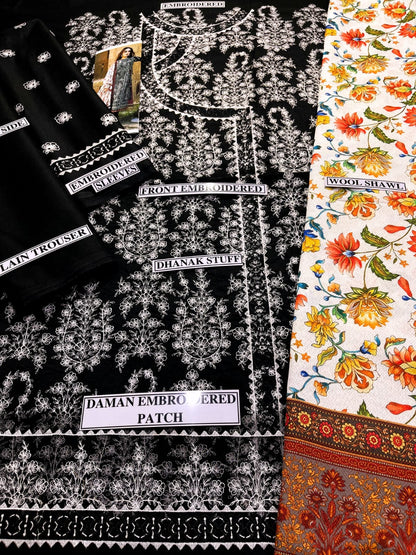 Embroidered Dhanak 3 Piece Suit With Shawl