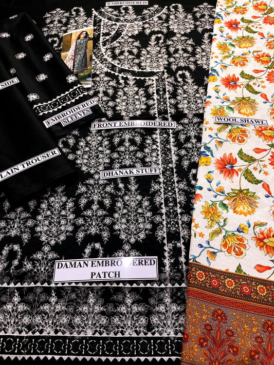Embroidered Dhanak 3 Piece Suit With Shawl