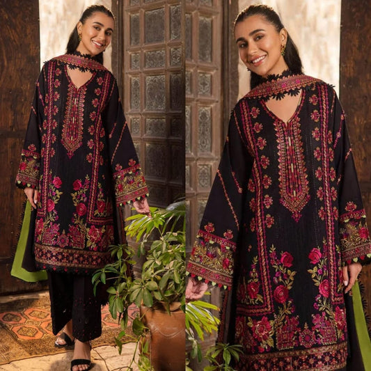 Embroidered Dhanak 3 Piece Suit With Shawl