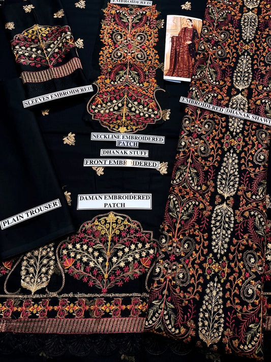 Embroidered Dhanak 3 Piece Suit With Shawl