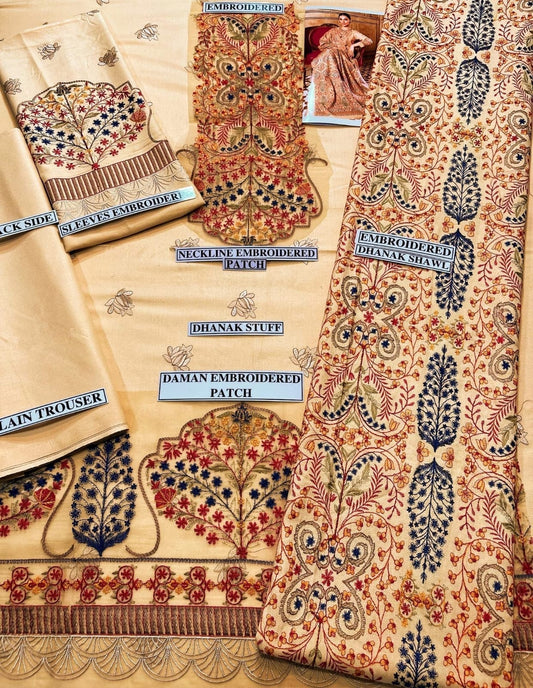 Embroidered Dhanak 3 Piece Suit With Shawl