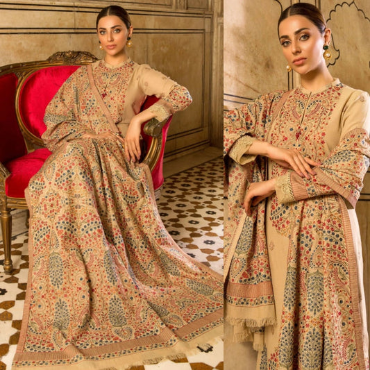 Embroidered Dhanak 3 Piece Suit With Shawl