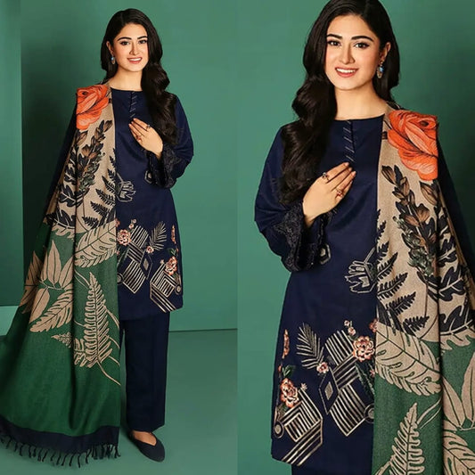 Embroidered Dhanak 3 Piece Suit With Wool Shawl
