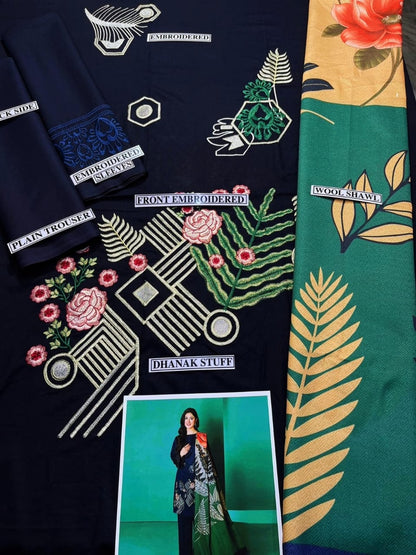 Embroidered Dhanak 3 Piece Suit With Wool Shawl