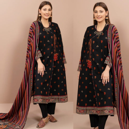 Embroidered Dhanak 3 Piece Suit With Wool Shawl