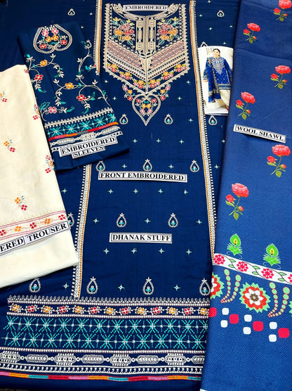 Embroidered Dhanak 3 Piece Suit With Wool Shawl