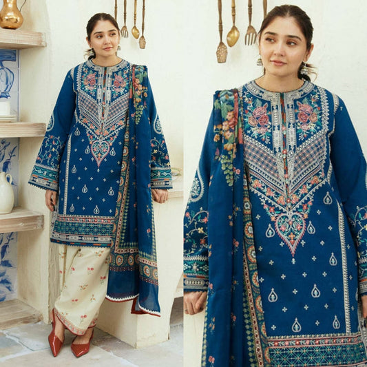 Embroidered Dhanak 3 Piece Suit With Wool Shawl