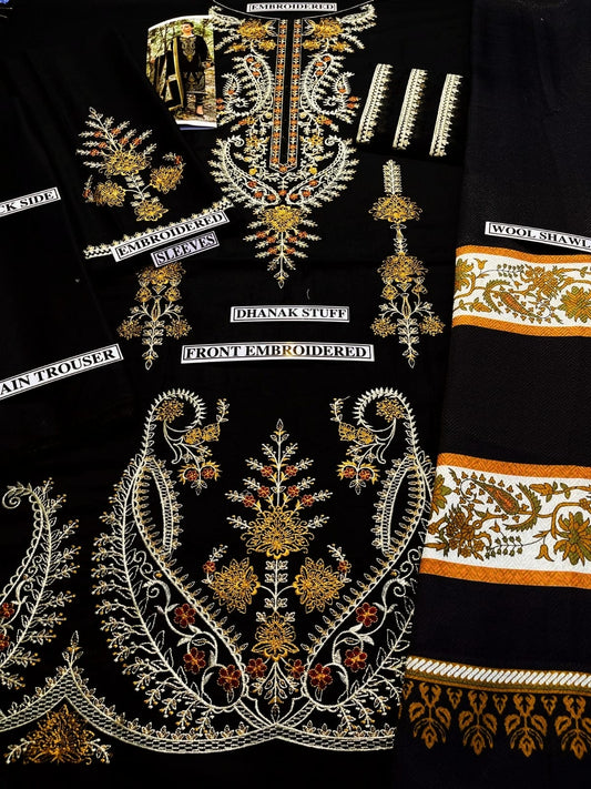 Embroidered Dhanak 3 Piece Suit With Wool Shawl