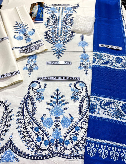 Embroidered Dhanak 3 Piece Suit With Wool Shawl