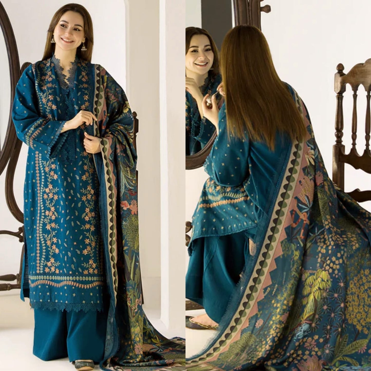 Embraided Dhanak 3 Piece Suit With Wool Shawl